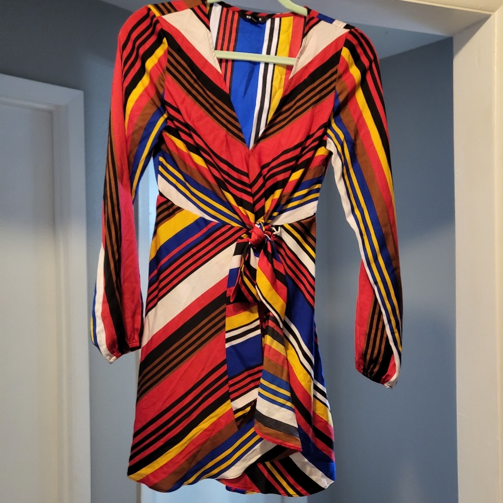Express Multicolor Stripe Faux Wrap Long Sleeve V Neck Dress Womens Size XS